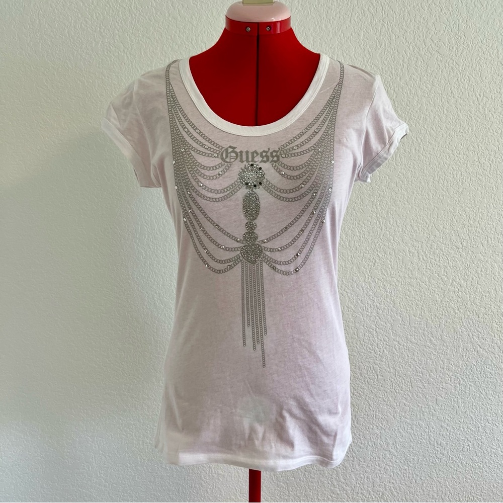 Guess White Tee with Silver Chain Graphic Short Sleeve Large